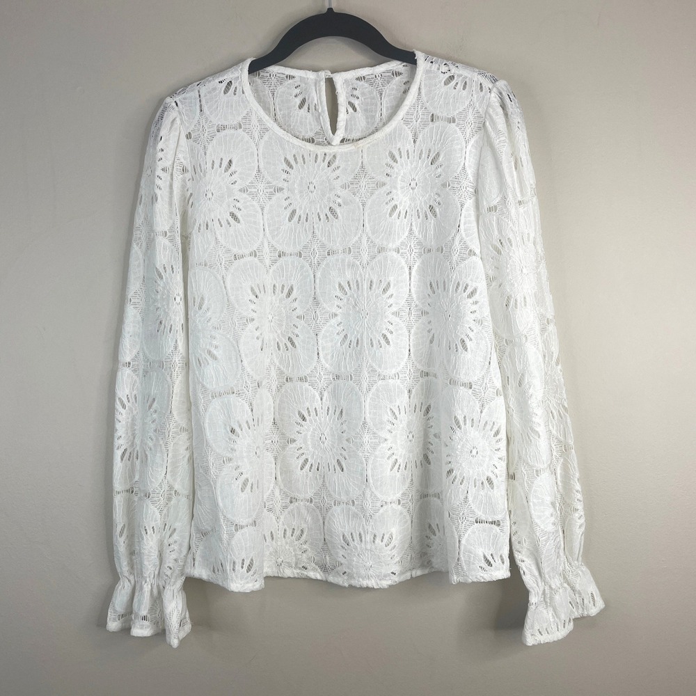 Cottagecore‎ Coquette Top Womens Medium Crochet Lace Dainty Poet Sleeve Feminine